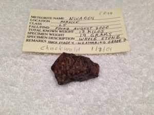 NWA 064  Origin or pseudonym:near Algerian border Place of purchase:Erfoud Date: 9 Aug 2000 Mass (g):13.7 kg Pieces:several Class:L5 Shock stage:S4 Weathering grade:W2 